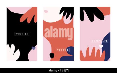 Un ensemble de trois histoires des modèles avec des formes abstract floral en rouge, rose, violet, blanc et noir. Contemporain à la mode style collage flyer, carte, bro Illustration de Vecteur