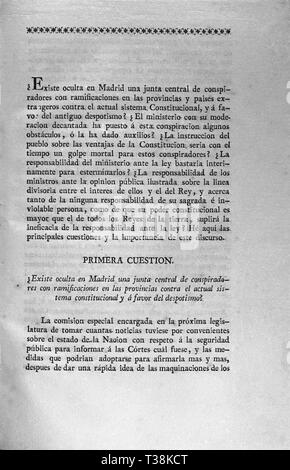 DISCURSO SOBRE LA JUNTA CENTRAL DE CONSPIRADORES CONTRA EL SISTEMA CONSTITUCIONAL - 1821. Auteur : ROMERO JUAN ALFUENTE. Banque D'Images