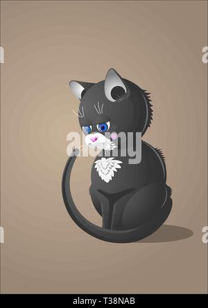 Illustration d'un chat noir aux yeux bleus est assis sur le plancher. c'est noir blanc rose et bleu. Le chat isolé sur un marron. Illustration de Vecteur