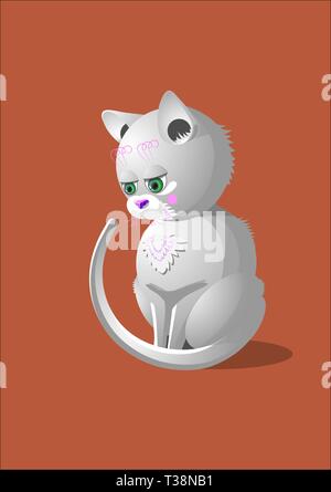 Vector illustration d'un chat blanc aux yeux verts est assis sur le plancher. Il est isolé sur fond orange. Il a blanc rose et vert Illustration de Vecteur