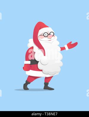 Le Père Noël avec sa main levée. un mignon personnage porte des lunettes. Isolé sur fond bleu. Vector illustration pour Noël et nouvel an. Illustration de Vecteur
