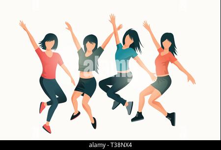 Un groupe de happy women jumping ensemble. Les gens vector illustration. Illustration de Vecteur