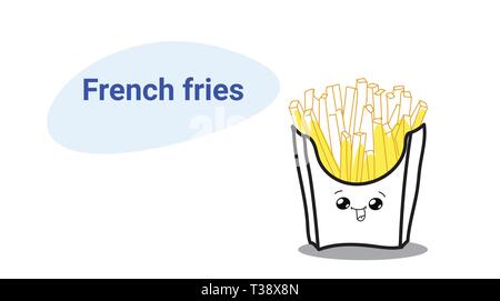 Cute hot potato gratuitement frites cartoon personnage comique avec sourire heureux fastfood délicieux style kawaii emoji classic american fast food concept Illustration de Vecteur