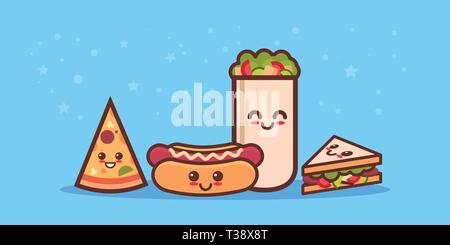 Sandwich pizza hot dog cute et shaverma jeu fast food cartoon personnages de bande dessinée avec des visages souriants de fast-food classique savoureux plaisir collection kawai emoji Illustration de Vecteur