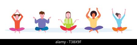 Hommes occasionnels femmes jeunes pose lotus yoga méditation de groupe exercices concept femme homme personnages de toute la longueur b horizontal Illustration de Vecteur