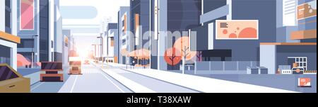 Voitures trafic routier rue urbaine bâtiment gratte-ciel voir l'arrière-plan de la vie moderne cityscape ville concept flat horizontal vector illustration Illustration de Vecteur