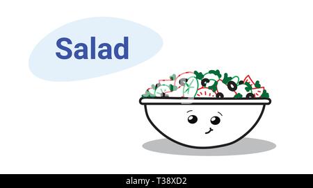 Bol à salade de légumes cute cartoon personnage comique avec sourire heureux kawaii emoji style dessiné à la main concept alimentation saine vecteur horizontal illustr Illustration de Vecteur