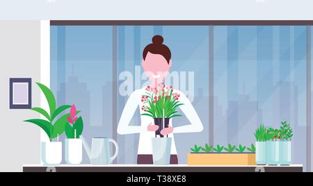 Cute girl femme au foyer le repiquage plant en pot femme heureuse en prenant soin d'accueil appartement moderne de fleurs jardinage portrait intérieur concept horiz Illustration de Vecteur