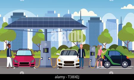 Mélanger les gens de course à la voiture électrique de charge station de charge électrique eco friendly renouvelables environnement transports propres véhicule concept soins cit moderne Illustration de Vecteur