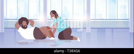 Obèses graisse couple doing sit-ups african american surpoids homme femme ensemble de l'exercice de perte de poids d'entraînement de formation concept moderne Club santé studi Illustration de Vecteur