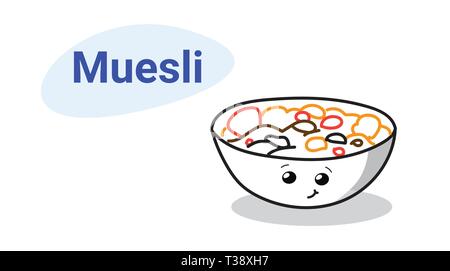 Cute muesli avec du yaourt et fruits bowl cartoon personnage comique avec sourire heureux kawaii emoji style dessiné à la main des aliments sains horizontale concept Illustration de Vecteur