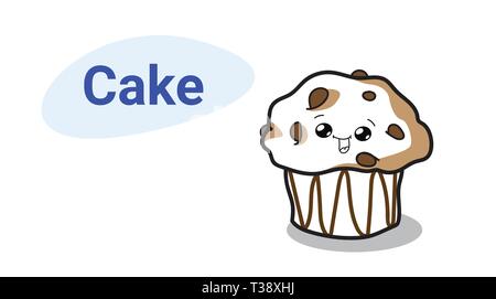 Gâteau muffin cute cartoon personnage comique avec de délicieux visage souriant heureux cupcake kawaii style emoji dessiné à la main douce dessert boulangerie food concept horizon Illustration de Vecteur