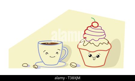 Muffin cute cartoon tasse à café avec gâteau de personnages de bande dessinée les visages de sourire délicieux cupcake et boisson chaude heureux kawaii emoji style dessiné à la main d boulangerie sucré Illustration de Vecteur