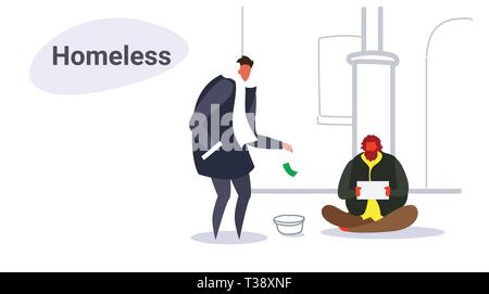 Pauvre homme assis sur de mendicité pour aider mendiant guy holding sign board croquis sans-abri horizontal illustration vecteur doodle Illustration de Vecteur