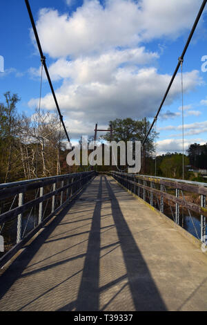 Un câble pour piétons pont suspendu au-dessus de la rivière Neuse sur le sentier de randonnée et de vélo dans la région de Raleigh, Caroline du Nord. Banque D'Images