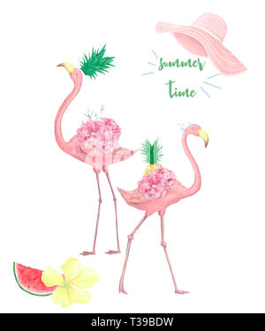Quelques Flamands Roses Imprimer Tropical Pour Invitation Anniversaire Fete Carte De Souhaits Illustration Photo Stock Alamy