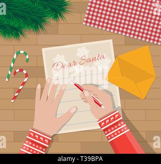 La main de l'enfant avec stylo écrit une lettre au père Noël. bureau en bois avec candycane, enveloppe et branches de sapin. voeux à Noël et nouvel an. vector Illustration de Vecteur