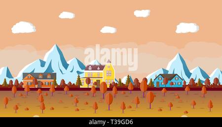 Paysage de montagne avec des maisons en bois et de la forêt. Automne naturelles dans un style d'illustration vectorielle, télévision Illustration de Vecteur