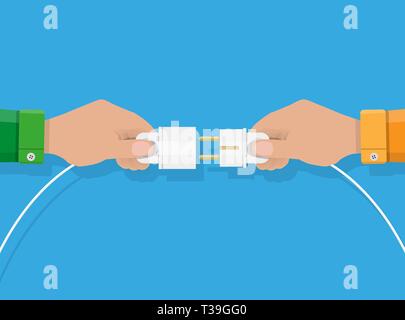 Essayez de connecter deux mains plug électrique ensemble, la connexion, le travail d'équipe. vector illustration style de télévision Illustration de Vecteur