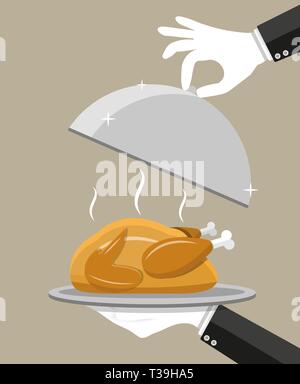 Garçon avec de l'argent main cloche servant le poulet grillé sur plaque. vector illustration style de télévision Illustration de Vecteur