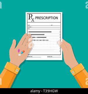 Mains détient une prescription rx forme et comprimés. prendre des pilules, des soins de santé, de l'hôpital et les diagnostics médicaux. vector illustration style de télévision Illustration de Vecteur