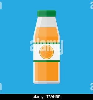 Bouteille en verre de jus d'orange et des fruits sur l'autocollant. vector illustration style de télévision Illustration de Vecteur