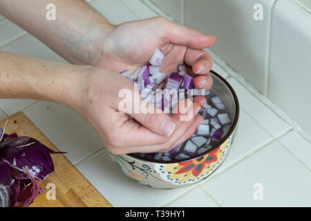 Deux mains femme coupe en dés oignon rouge frais déposer dans un bol d'eau close up et tourné à partir de ci-dessus. Banque D'Images