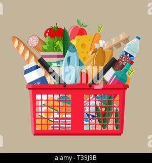 Plastique rouge panier plein de produits d'épicerie. Épicerie. vector illustration style de télévision Illustration de Vecteur
