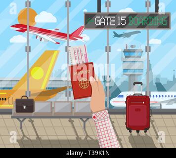 Homme avec passeport et en attente d'embarquement à l'intérieur de l'aéroport de vol avec un avion, tour de contrôle, paysage urbain en arrière-plan. En voyage, en vacances, d'affaires Illustration de Vecteur