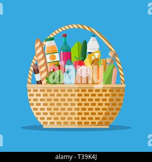 Panier en osier rempli de produits d'épicerie. Épicerie. vector illustration style de télévision Illustration de Vecteur