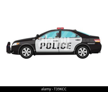Voiture de police vectorielle vue latérale et l'agent isolé sur blanc ...