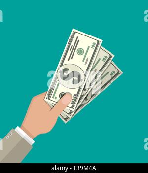 Les mains avec des billets en dollars. Concept de l'épargne, don, payer. vector illustration dans télévision style sur fond vert Illustration de Vecteur