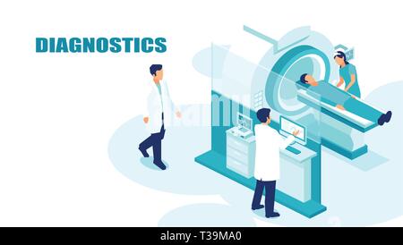 D'un vecteur isométrique radiologue médecin et l'infirmière du cerveau du patient à l'image du corps sur la machine IRM Illustration de Vecteur