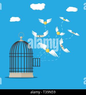 Cage ouverte avec le vol de billets et pièces en euros. Perdre de l'argent gratuit. Vector illustration style de télévision Illustration de Vecteur