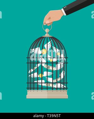 Cage de mains courantes avec le vol de l'argent. L'investissement et l'épargne. Vector illustration style de télévision Illustration de Vecteur