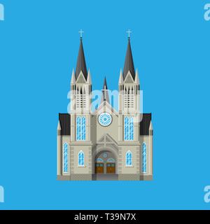 L'extérieur de l'église catholique ou protestante dans la cathédrale de style gothique. Chapelle urbaine. Tour avec croix. Vector illustration style de télévision Illustration de Vecteur