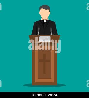 Discours de prêtre donnant tribune. Prédicateur catholique personne. Le pasteur serviteur de Dieu en soutane. Vector illustration style de télévision Illustration de Vecteur