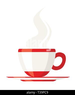 Tasse de thé rouge et blanc avec soucoupe. Tasse de thé chaud avec flotteur de vapeur. Logo Icône modèle plat. Vector illustration isolé sur fond blanc. Illustration de Vecteur