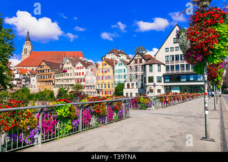 Belle vue sur la ville, Tubingen aux maisons colorées et de fleurs,pont,Allemagne Banque D'Images