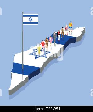 Les citoyens israéliens sont en vote urne sur une carte d'Israël. Tous les objets, les ombres et l'arrière-plan sont dans des couches différentes. Illustration de Vecteur