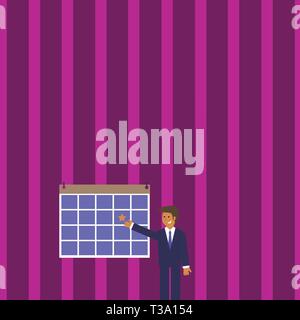 Businessman Smiling et pointant vers Calendrier original avec Star suspendre au mur concept design business template vide copie espace texte pour Ad Site internet iso Illustration de Vecteur