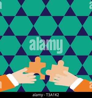 Deux mains tenant Puzzle coloré morceaux au sujet d'asservir l'Education Business template vide pour la mise en page pour la promotion de la carte de voeux d'invitation Illustration de Vecteur
