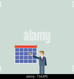 Businessman Smiling et pointant vers Calendrier original avec Star suspendre au mur Design business copie vide texte espace pour la promotion de site web Ad B isolés Illustration de Vecteur