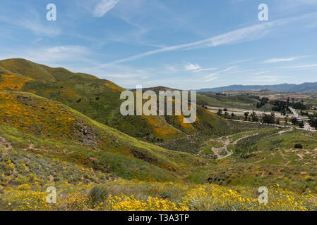 Bel superbloom vista dans une chaîne de montagnes près de Lake Elsinore, Californie du Sud Banque D'Images