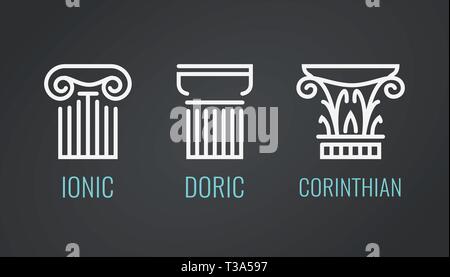 Doriques, ioniques et corinthiennes des icônes dans le style dessin sur fond sombre. Ensemble de vecteurs colonnes grecques en EPS10. Illustration de Vecteur