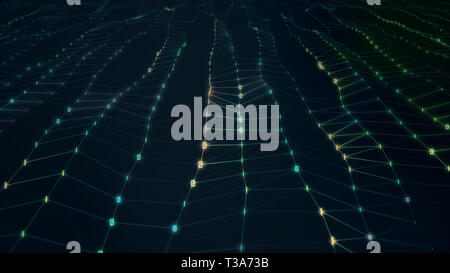 Résumé futuriste d'ondes de surface des particules. Grille ondulée du binaire lumineux 0 et 1 avion courbées. Illustration 3D futuriste. Retour Hi-Tech stylisé Banque D'Images