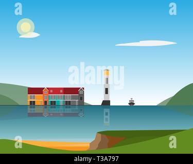 Leuchtturm et maisons debout sur l'île dans la mer sur la toile de fond les montagnes. L'été. Vector illustration Illustration de Vecteur