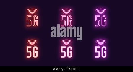 Icône néon ensemble de la technologie mobile 5G Network. Vector illustration de 5G sans fil à internet haute vitesse avec des taux de transfert des données. Glowing Neon Illustration de Vecteur