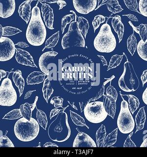 Poires et pommes seamless pattern. Hand drawn vector illustration fruits jardin sur fond sombre. Fruits style gravé design. Retour botanique Vintage Illustration de Vecteur