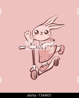 Cute cartoon lapin en robe sur illustration scooter Banque D'Images